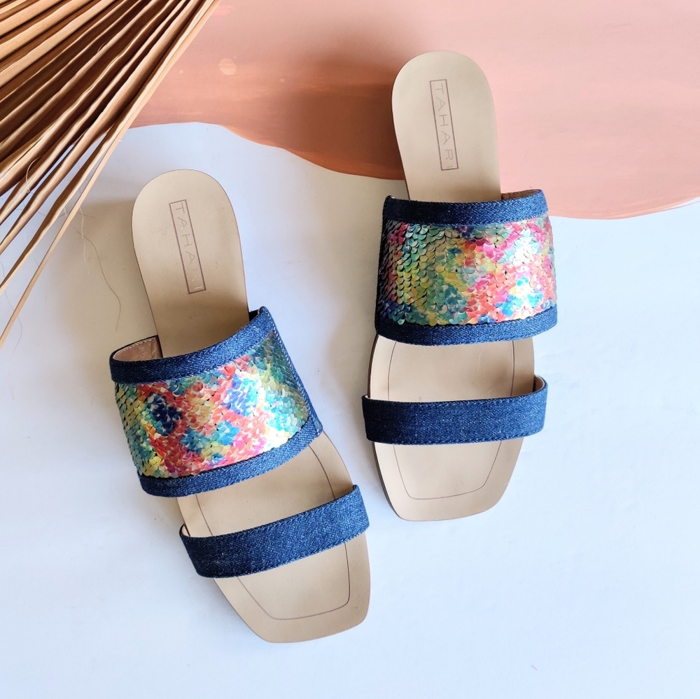 NEW Tahari Rainbow Sequin Fern Slide Square Toe Sandal